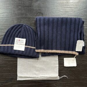 Brunello Cucinelli Cashmere Navy and Tan Men's Accessory Set